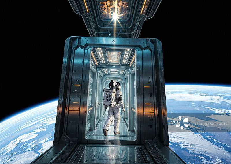 太空电梯中的宇航员，概念插画图片素材