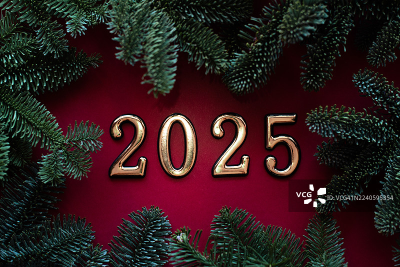 新年 2025。新年快乐。圣诞假期。2025 新年数字，背景为普通背景和圣诞树枝。节日背景。图片素材