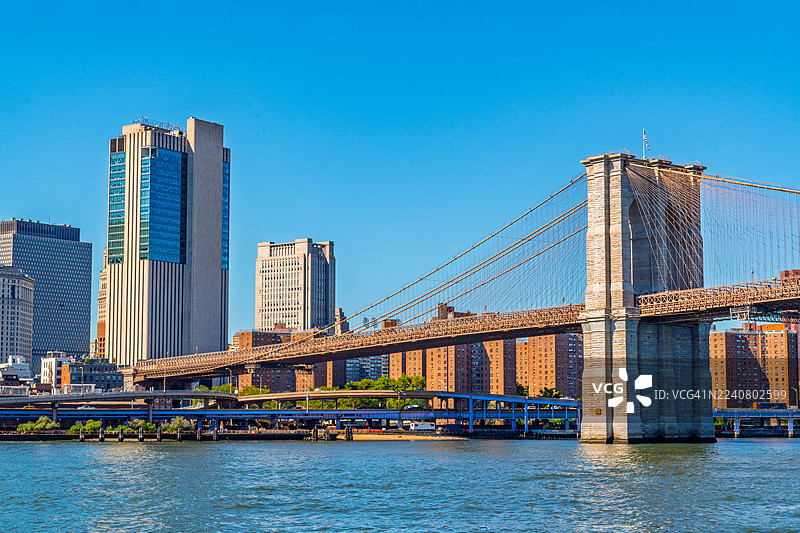 东河上的布鲁克林大桥和曼哈顿下城天际线。图片素材