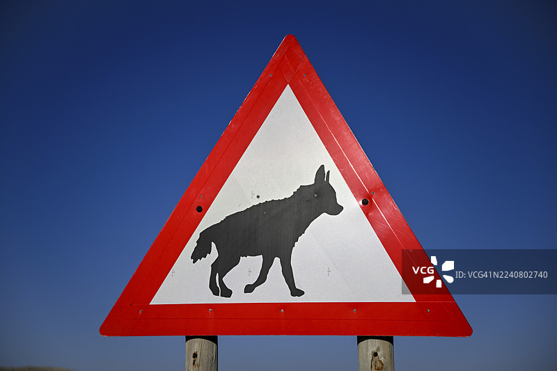 纳米比亚卡拉斯地区吕德里茨附近棕鬣狗（Parahyaena brunnea）警示标志图片素材