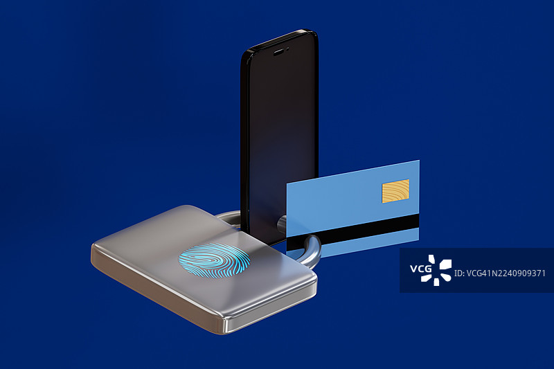 金融科技安全：带指纹读卡器的手机和信用卡，背景为蓝色图片素材