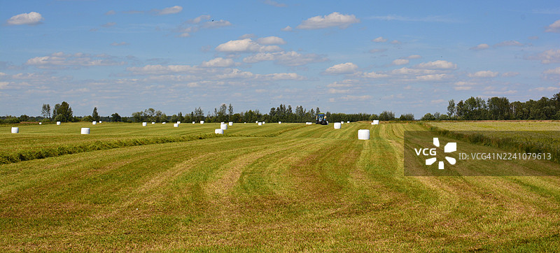 立陶宛考纳斯，蓝天下有干草捆和拖拉机的农田风景。图片素材