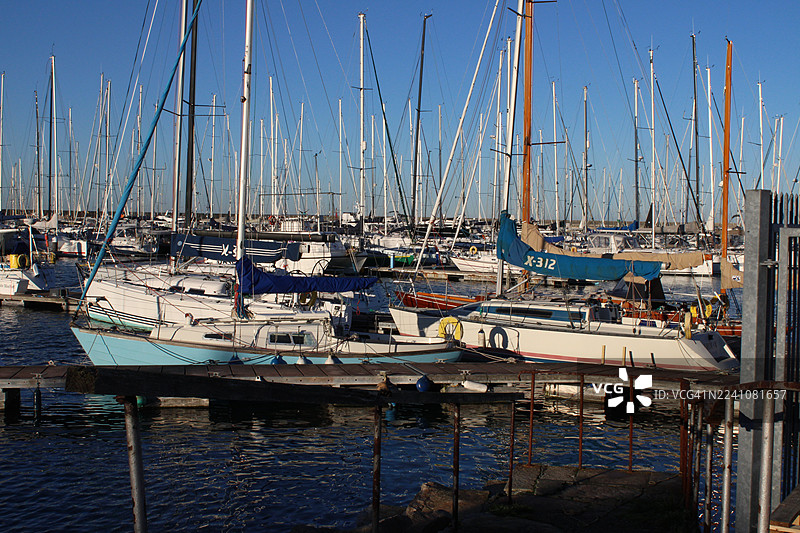 停泊着许多帆船的码头景色，在晴朗的蓝天下倒映在平静的水面上图片素材