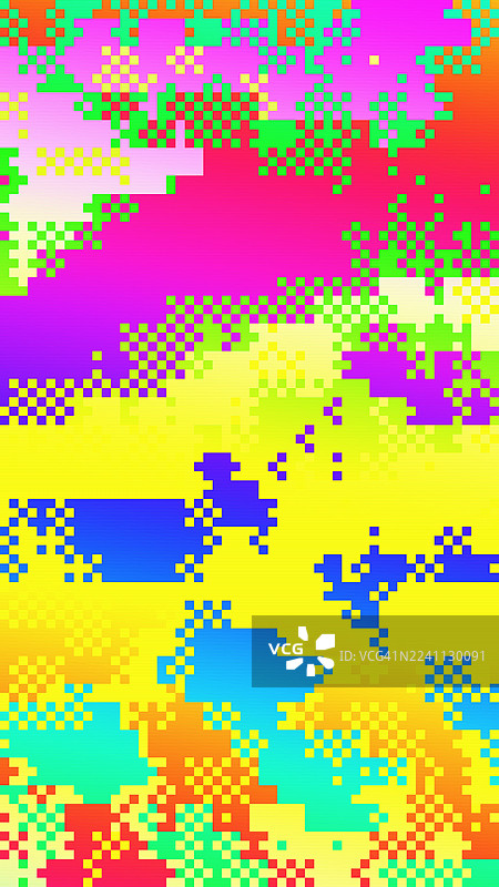 霓虹粉、绿、蓝色的多彩像素艺术，复古 80 年代，故障美学图片素材