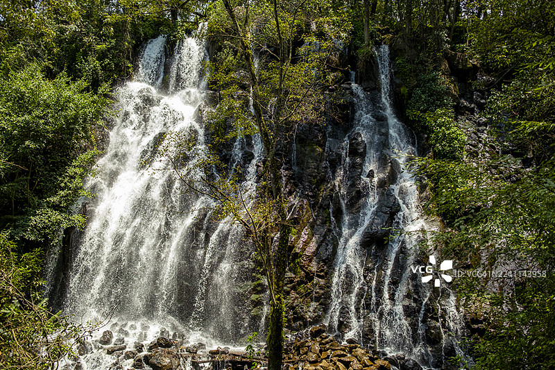 大视角下的维洛德诺维亚瀑布，它从瓦列德布拉沃自然公园的森林岩石间倾泻而下图片素材