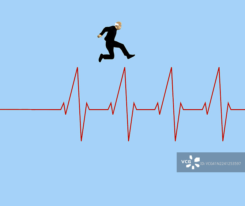 跳跃的人物位于代表健康和活力的红色心跳线上方图片素材