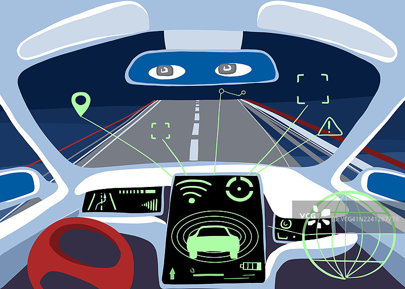 自动驾驶智能汽车的未来主义仪表板，配备自动驾驶系统图片素材