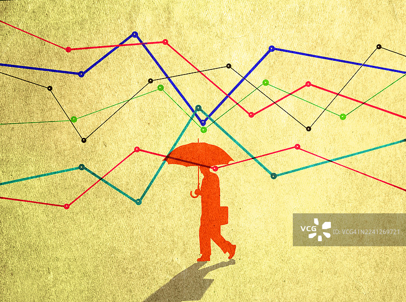 打着伞走在波动的金融图表中的商务人士图片素材