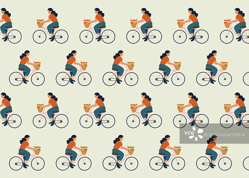 花篮自行车骑行者的风格化插画重复图案图片素材