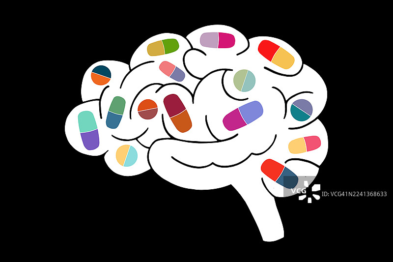彩色大脑与药丸：象征心理健康、药物和认知健康的插画图片素材