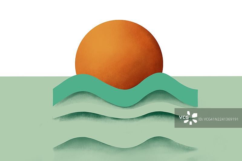 抽象日落与青色波浪：极简几何艺术构图，带有醒目的太阳图片素材