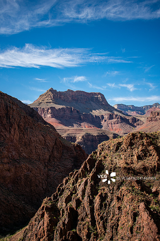 美国亚利桑那州弗拉格斯塔夫大峡谷国家公园基金会，壮丽的山川峡谷景色，湛蓝的天空点缀着缕缕白云。图片素材