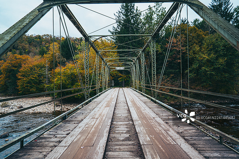 秋日树林环绕的河流上的老式木质轨道铁路桥，美国，美国，萨利文县图片素材