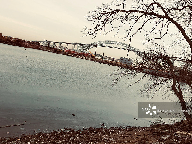 阴天笼罩下，广阔河流上的宏伟桥梁景观，前景是光秃的树木，美国，美国图片素材