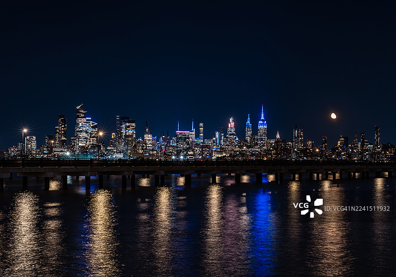 哈德逊河的倒影与曼哈顿的夜景天际线图片素材