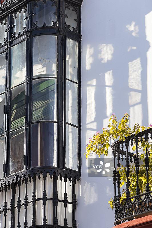 阳光下的白色建筑上的华丽凸窗和阳台，西班牙卡莫纳图片素材