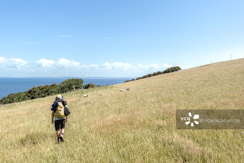 背着背包的男人走在草坡上，眺望着大海，天空湛蓝，英国艾尔图片素材