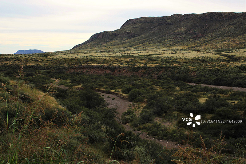 广阔的沙漠景观，崎岖的山脉在多云的天空下，展示了干涸的河床和稀疏的植被，道格拉斯，美国，美国图片素材