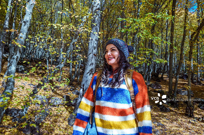 秋日森林里快乐的徒步旅行者图片素材