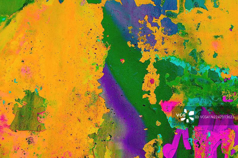 鲜艳的酸性油漆飞溅纹理，采用明亮的黄色、粉色和绿色，适合迷幻的 80 年代艺术图片素材