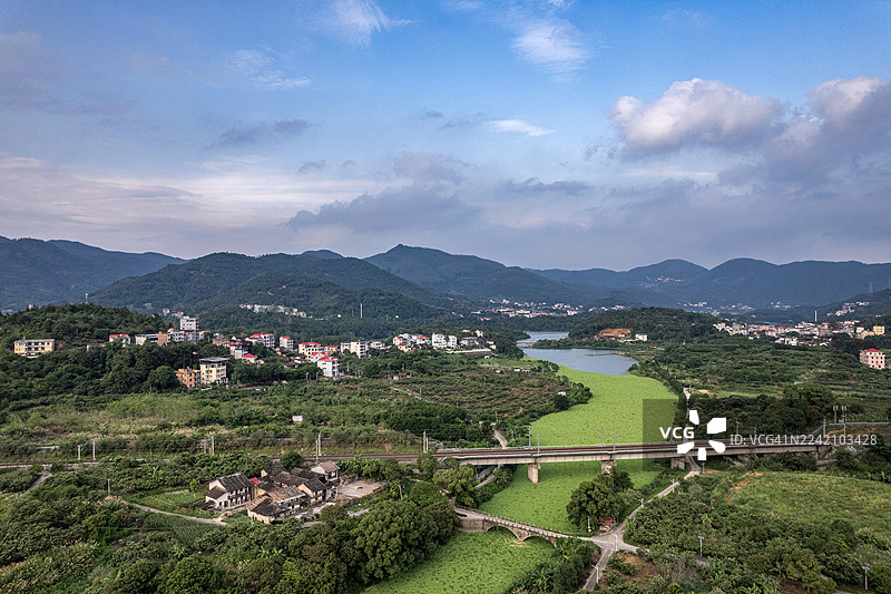 航拍穿过乡村田野的铁路线图片素材