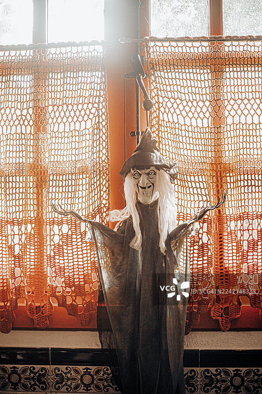 万圣节装饰着女巫玩偶的窗户，细节充满诡异和趣味。场景融合了节日魅力与神秘感，是捕捉家居装饰中万圣节氛围的完美选择。非常适合用于展示季节性装饰、万圣节图片素材