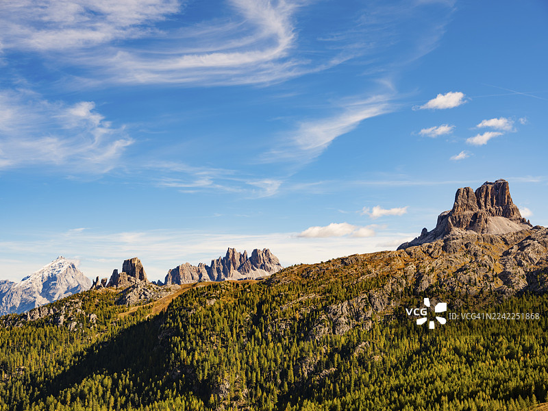 羽毛状的云彩覆盖着阿尔卑斯山全景,背景是安特拉奥山、五峰山、安布里佐拉峰和阿韦劳峰,位于意大利威尼托大区贝卢诺省的多洛米蒂阿尔卑斯山。图片素材
