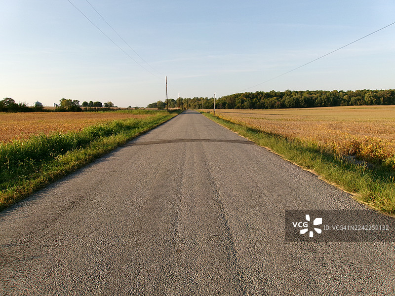 晴朗的白天，在美国韦恩堡，一条空旷的沥青路延伸穿过广阔的田野，上方是晴朗的蓝天图片素材