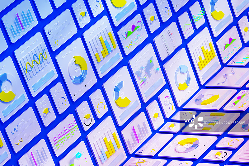 多个白色立方体，上面有抽象的经济图表和图形。图片素材