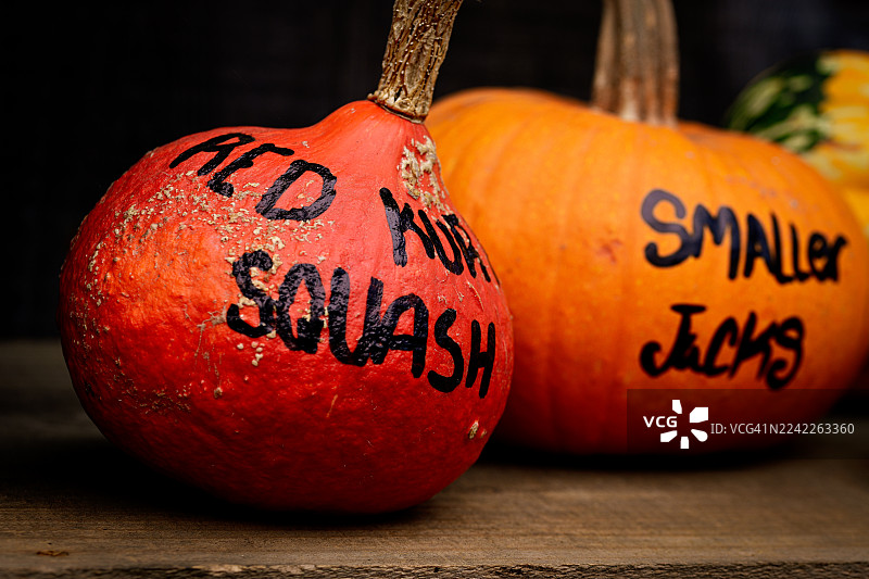 质朴的木桌上，鲜艳的红橙色南瓜特写，并贴有标签以供识别图片素材