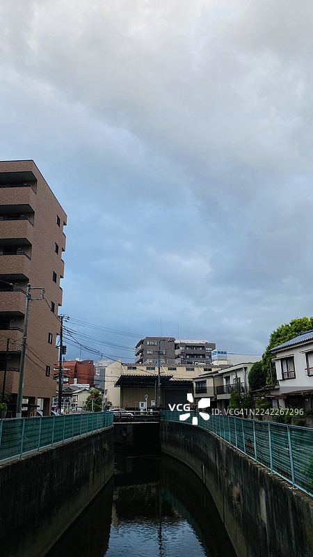日本城市运河，两旁有建筑，天空布满云彩图片素材