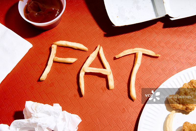 用薯条拼出“FAT”的单词，放在托盘上图片素材
