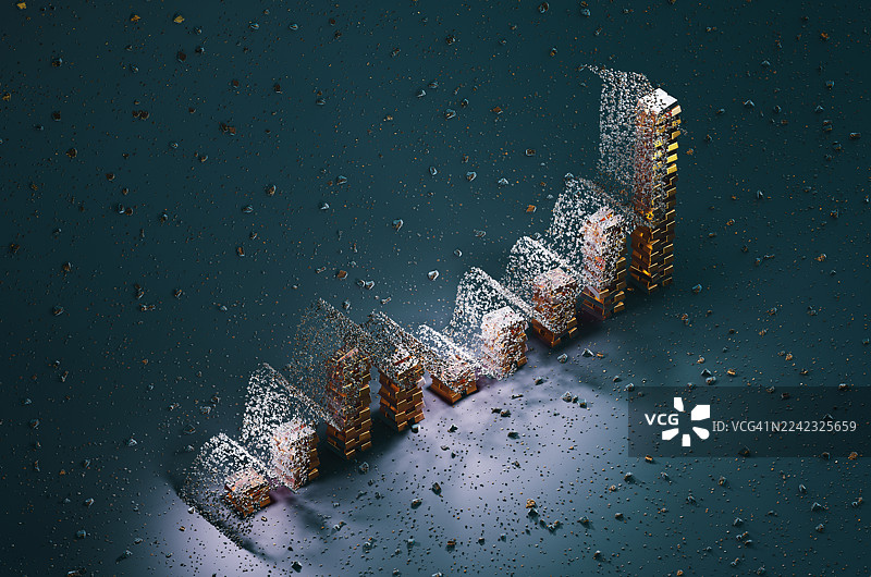 蓝色背景上由金条组成的图表，上方有一支由金块制成的金色箭头向上指向。图片素材