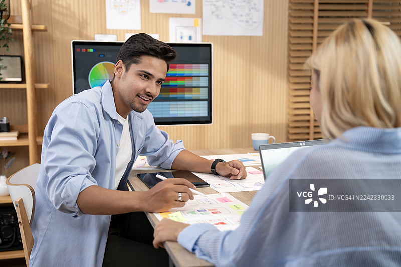 UX/UI 设计师在网站和移动应用程序设计的概念中，围绕着用户流程草图和设计工具，为网站和移动应用程序原型绘制线框图。图片素材