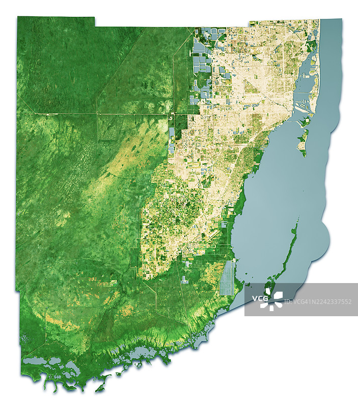 迈阿密-戴德县佛罗里达州卫星地形图 3D渲染 孤立的彩色边框图片素材