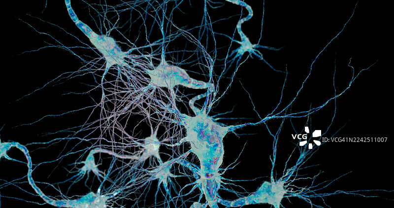 神经元在充满活力的蓝色能量和生命矩阵中连接。图片素材