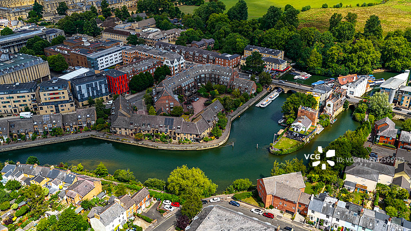 牛津航拍图，泰晤士河及周边住宅区，河畔船只与绿色乡村风光，英格兰旅行、历史遗迹与都市生活概念图片素材