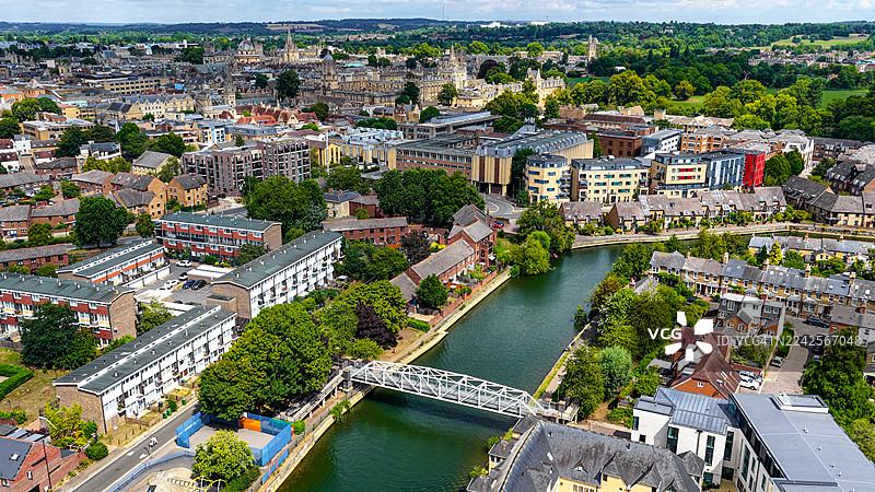 牛津市鸟瞰图，背景是泰晤士河、住宅、历史悠久的大学建筑和绿色公园，城市建筑和旅行概念，适用于文化旅游设计图片素材