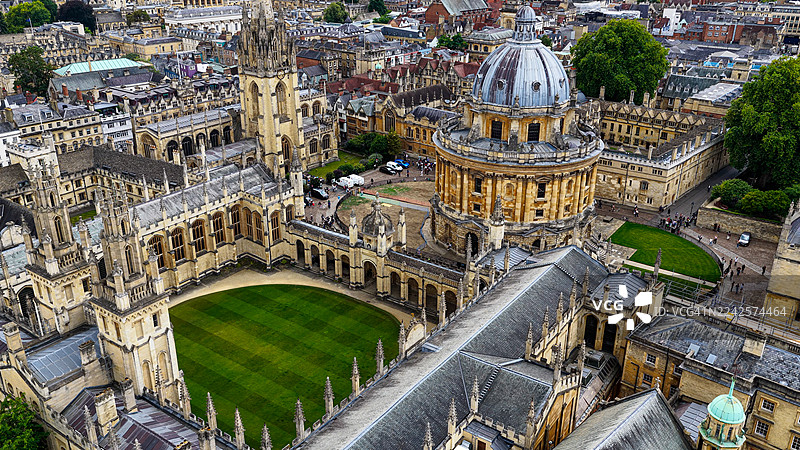 牛津市的鸟瞰图，包括拉德克利夫图书馆、谢尔顿尼安剧院和历史悠久的大学学院，展现了英国传统的建筑和文化遗产，是英格兰教育与旅行的代表性概念。图片素材