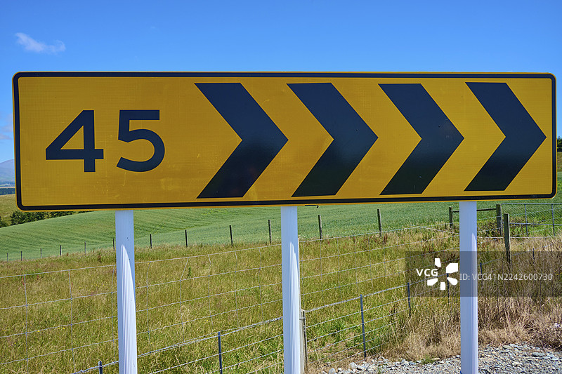 新西兰坎特伯雷杰拉尔丁杰拉尔丁费尔利瞭望台前带有箭头和数字45的路牌，南岛图片素材