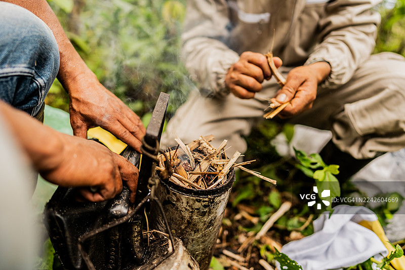 养蜂人正在蜂场的特写镜头图片素材