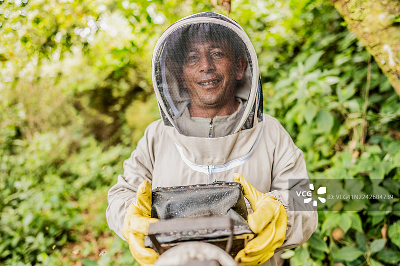 养蜂人正在蜂场工作的肖像图片素材