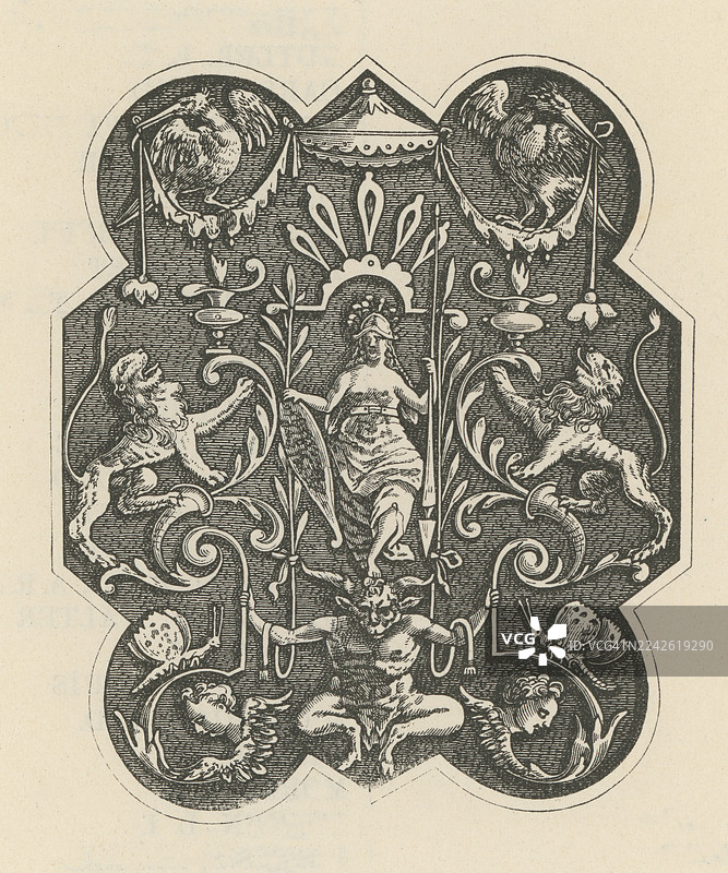 装饰性怪诞图案的旧雕刻插图，有狮子、鸟和带角的形象。对称的卷轴装饰框住一位坐着的女性形象和一个蹲着的带角生物——装饰华丽。图片素材