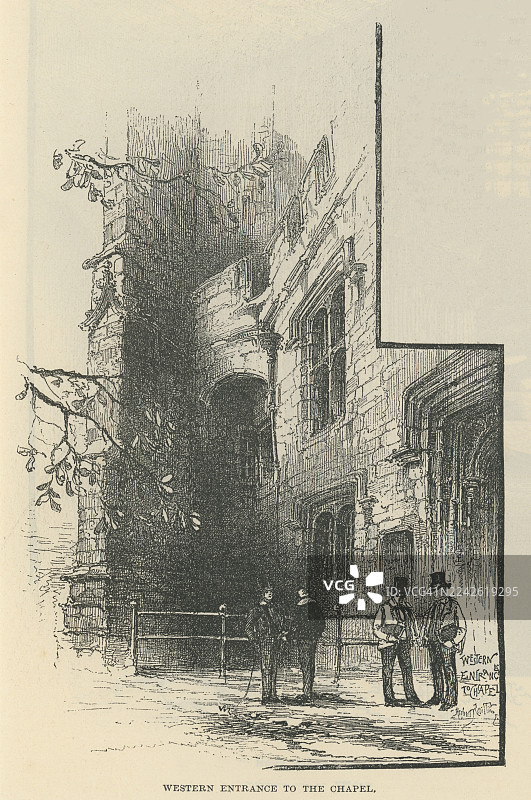 伊顿公学礼拜堂西入口的旧雕刻插图，英格兰。历史参考建筑研究——无现代元素。图片素材