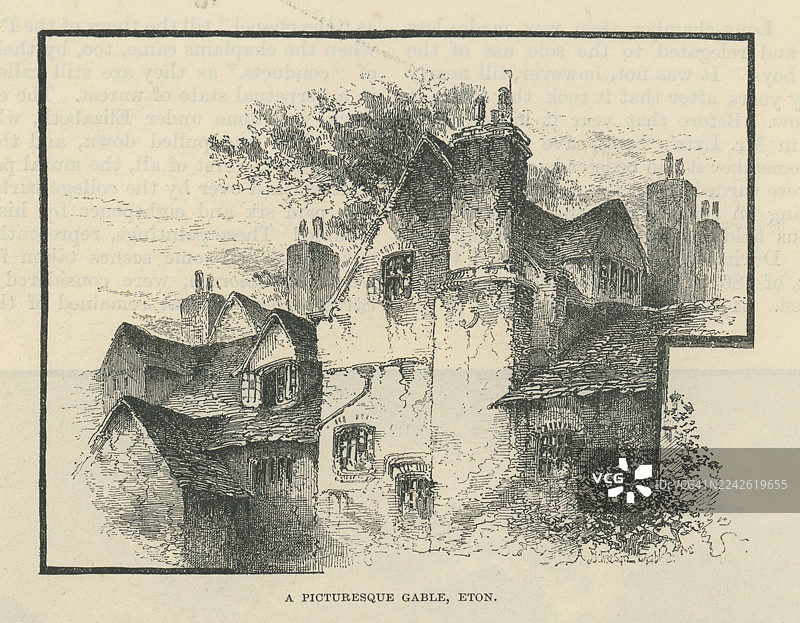 伊顿一处风景如画的山墙的旧蚀刻插图。扭曲的屋顶、老虎窗和成群的烟囱构成了不规则的天际线——一个古雅的房屋正面。图片素材