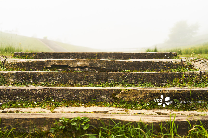 木制楼梯在雾中通往长满青草的山坡图片素材