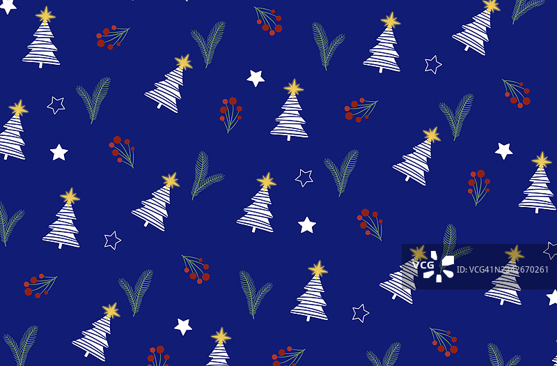 蓝色背景上带有白色圣诞树和红色浆果的无缝图案图片素材