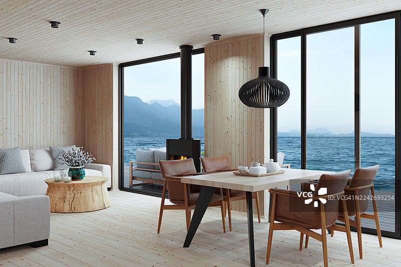 斯堪的纳维亚别墅内部，可欣赏全景日出和天然材料图片素材