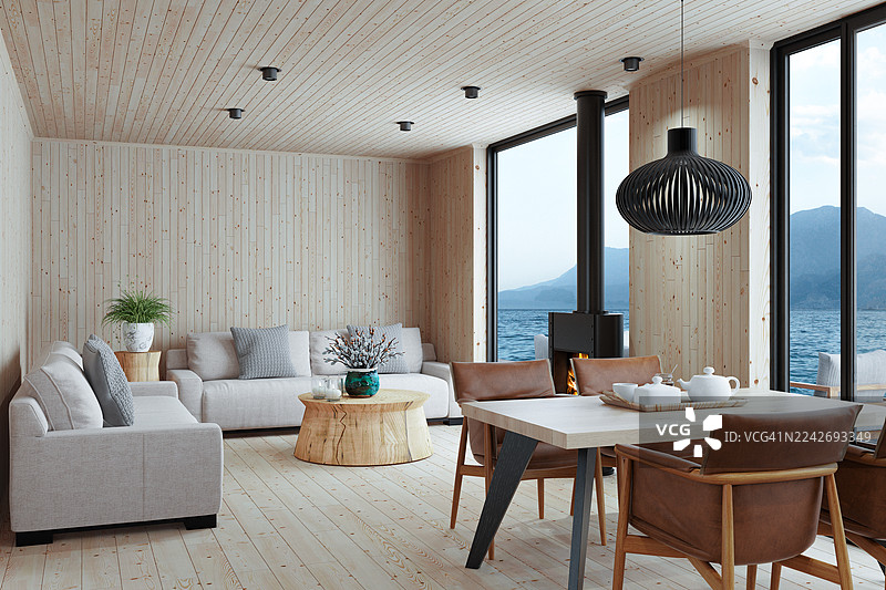 斯堪的纳维亚别墅室内，拥有全景日出景观和天然材料图片素材