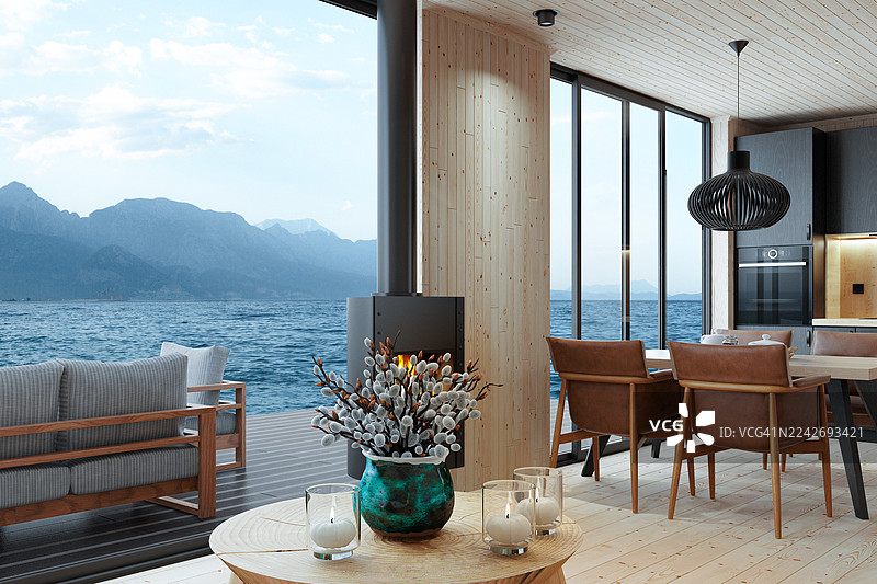 斯堪的纳维亚别墅室内，享有全景日出景观，并采用天然材质图片素材